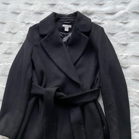 🔥H&M Wool Blend Black Overcoat Belted Stylish Old Money Minimalist Women Sz 10 - Picture 9 of 16